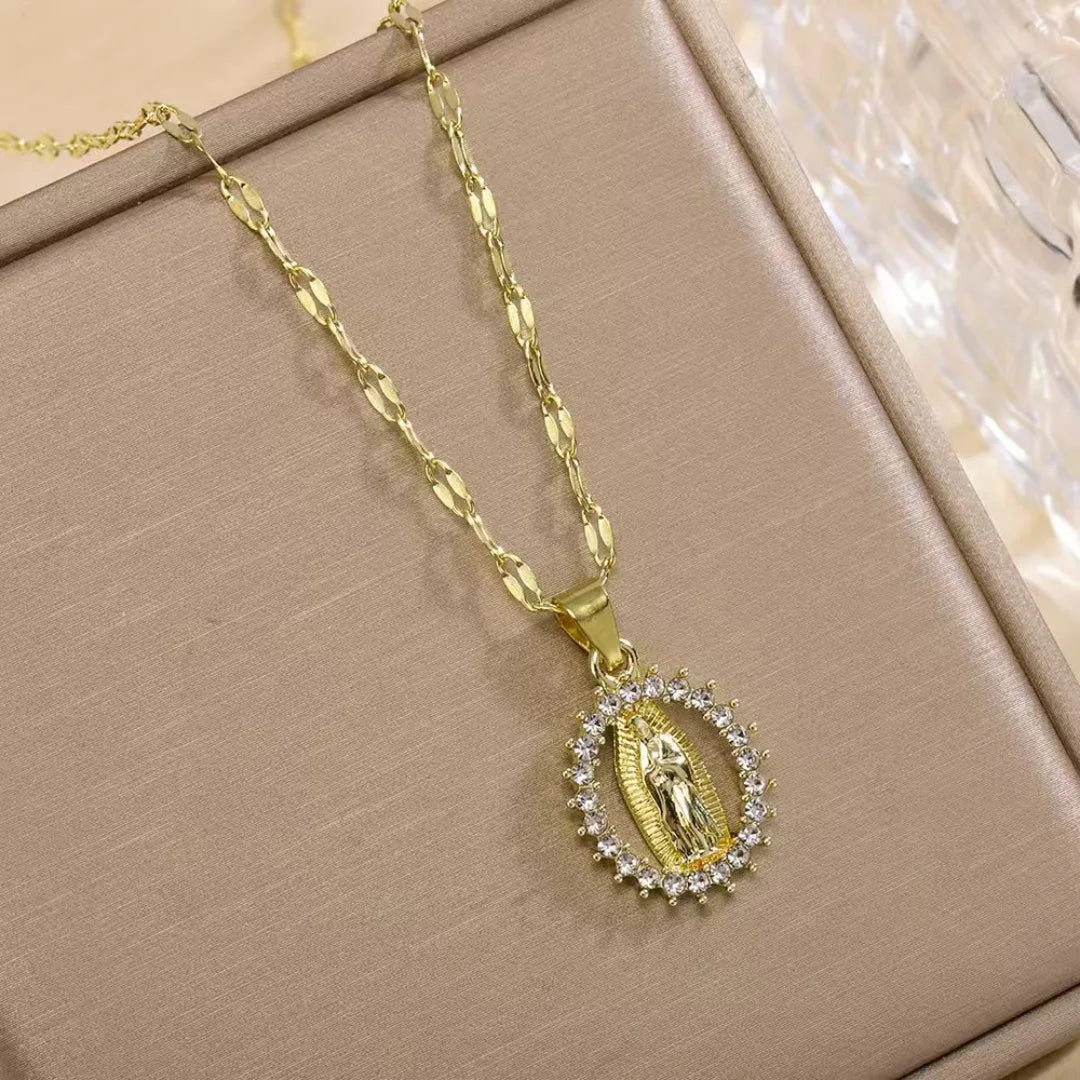 EXQUISITE AND STYLISH DESIGN, HOLLOW NECKLACE OF THE VIRGIN MARY ADORNED WITH BEAUTIFULLY SET COLORED ZIRCONIA