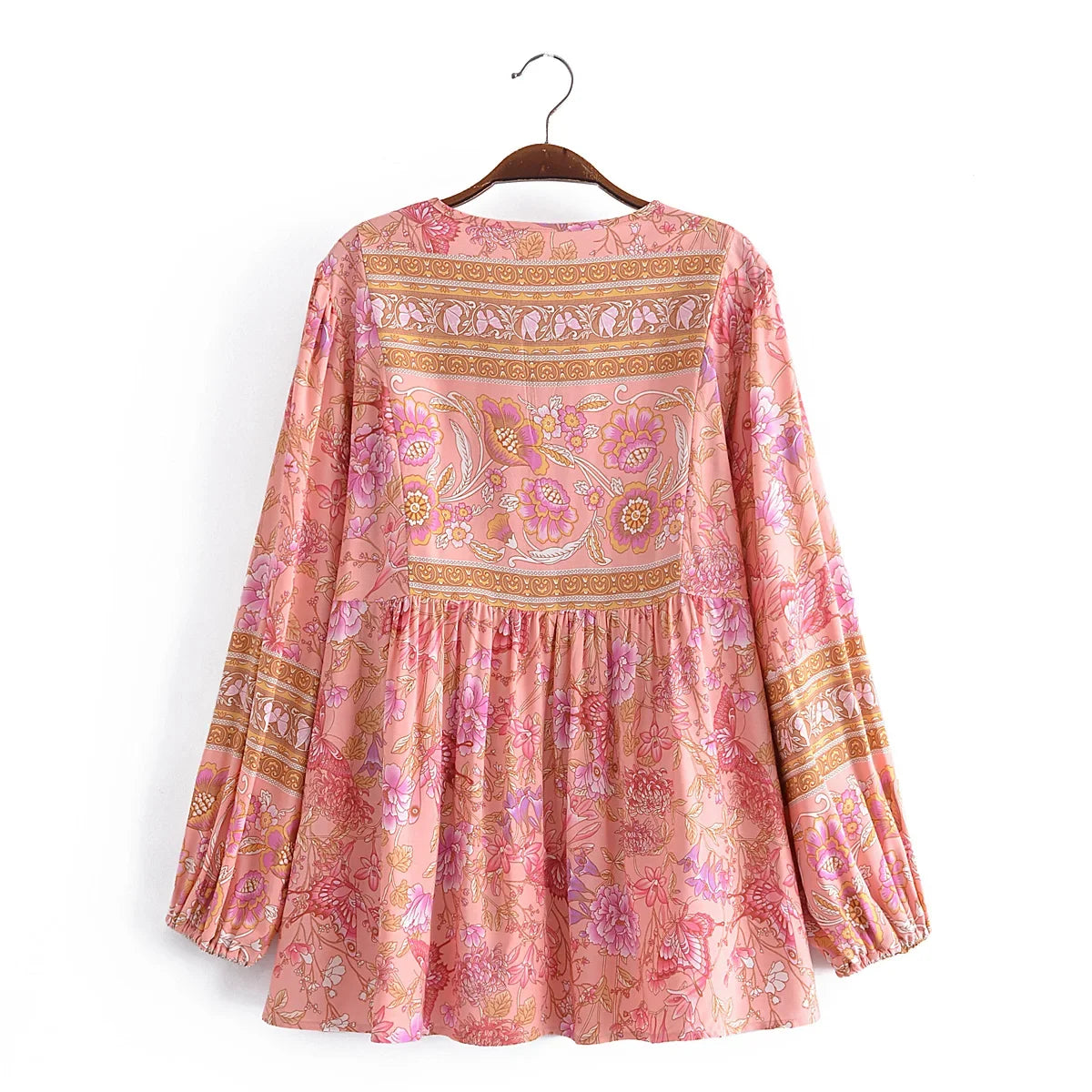 Happie Queens Fashion Women Pink Floral Printed Tie Neck Bohemian Shirt Ladies Long Sleeve Rayon Boho Shirts Blusas Tops