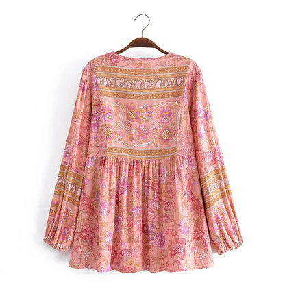 Happie Queens Fashion Women Pink Floral Printed Tie Neck Bohemian Shirt Ladies Long Sleeve Rayon Boho Shirts Blusas Tops