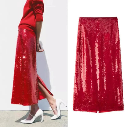 High Waist Bead Embellishment Long Skirt Women Red Sequins Slim Fit Slit Simple Temperament Midi Skirts Lady Elegant Party Skirt