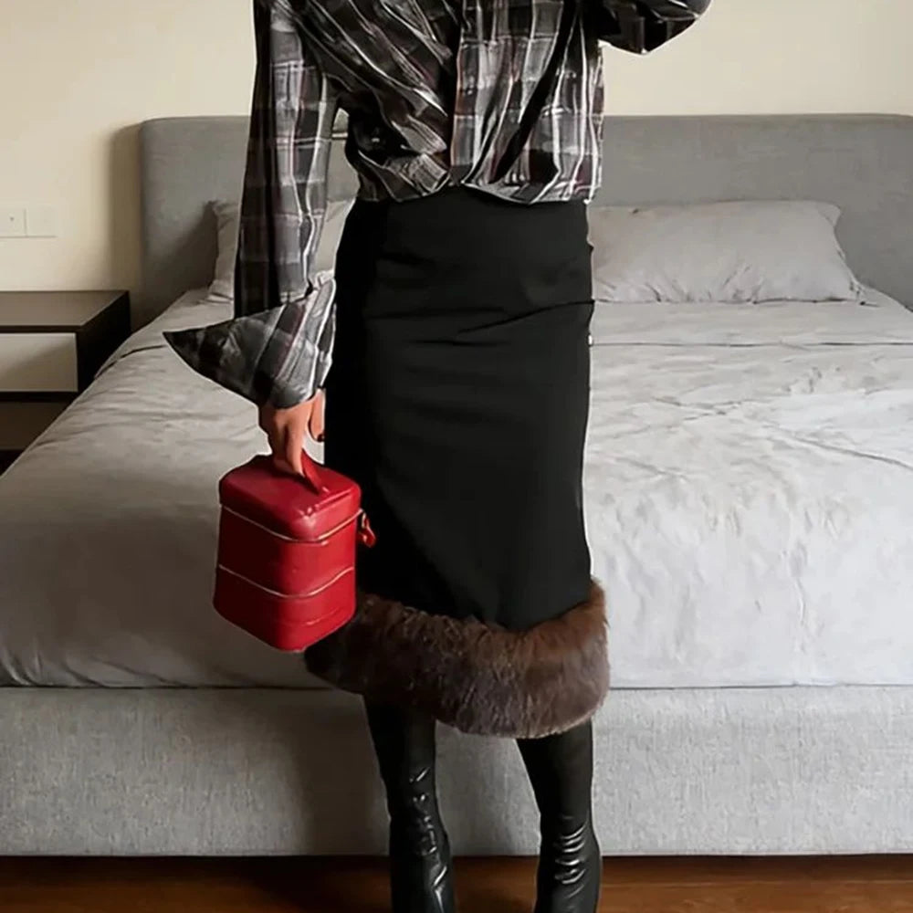 LIMO Women Midi Pencil Skirt Faux Fur Hem Elegant High Waist Winter Thick Bodycon Skirt