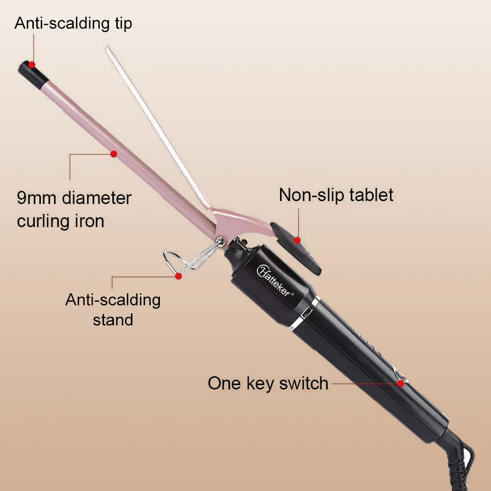 Hatteker 9mm Professional Hair Curler Ceramic Barrel Iron Smart Auto-Off Women's Wet/Dry Constant Temperature Protection Tool