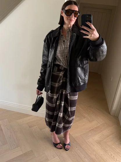 Chic Plaid Checked Midi Skirt Women Casual Pleated Slim High Waist Mid-length Bottom Skirts 2025 Office Commute Daily Wear New