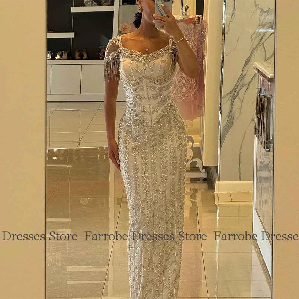 Charming Heavy Work Evening Dresses Satin Sheath/Column Valentine's Day Dress Ivory V-neck Beads Tassel Birthday Party Dresses