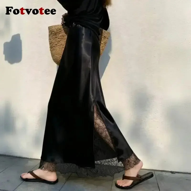 FOTVOTEE Elegant Satin Fish Tail Half Skirt High Waist Lace Splice Side Slit Draping Long Women's Skirt Slimming Party Midi Skin