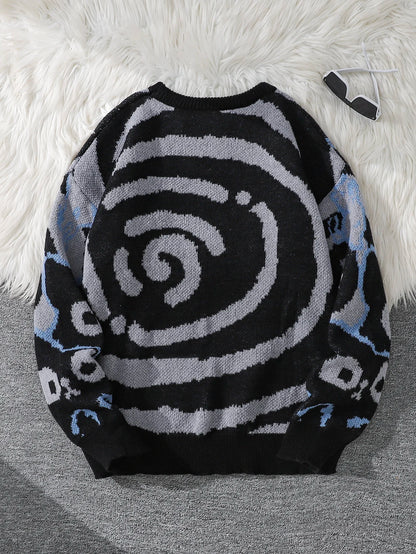 Autumn and Winter Abstract Cat Jacquard Double-Sided Pattern Pullover Sweater Casual Round-Neck Knit Men's Pullover Sweater Suitable for Daily Wear Unisex Outerwear