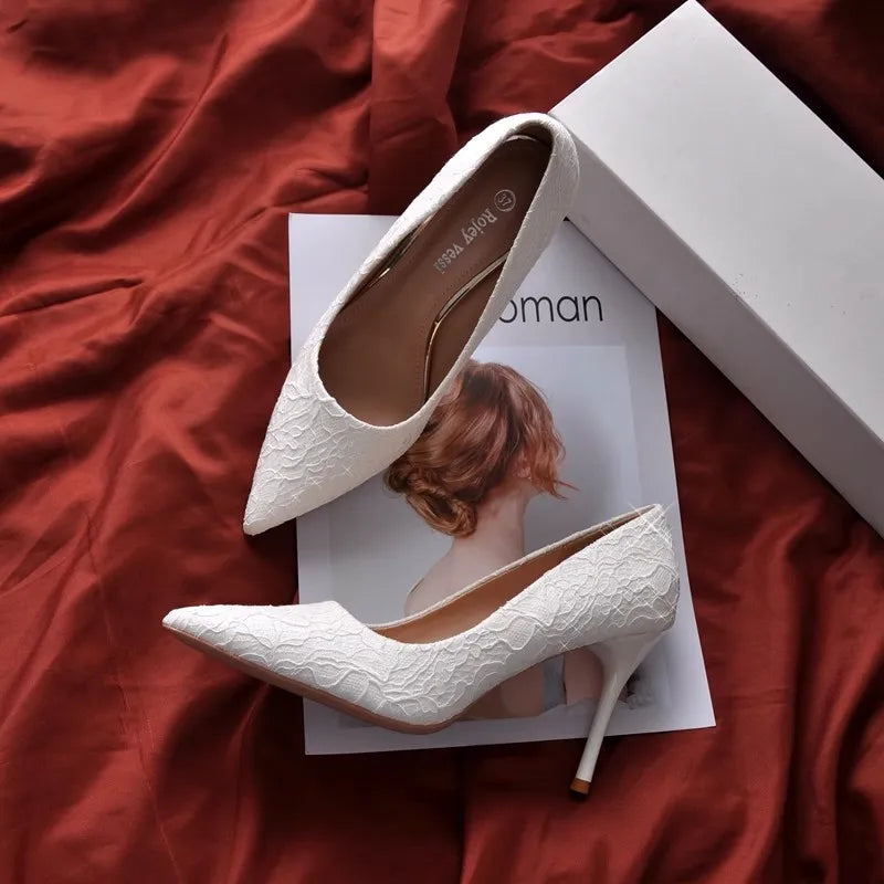 Elegant White Lace Wedding Dress High Heels Women's Stiletto Heels Bridesmaids Banquet Pumps Small Size Girl High Heels 31 32 33