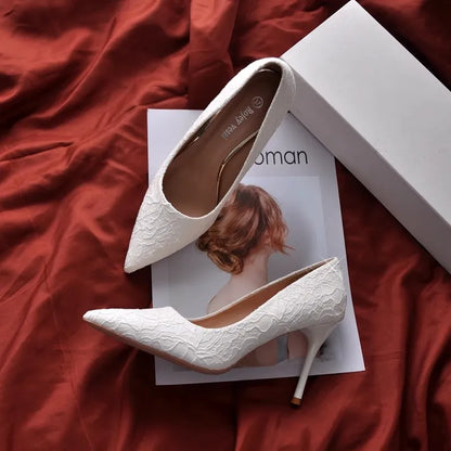 Elegant White Lace Wedding Dress High Heels Women's Stiletto Heels Bridesmaids Banquet Pumps Small Size Girl High Heels 31 32 33