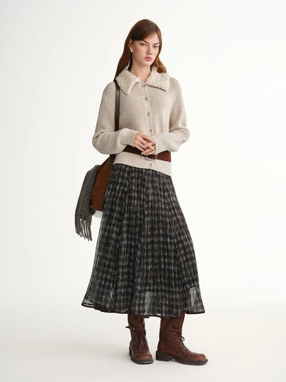 DUSHU Blue Brown Plaid Tulle Pleated Plaid Midi Skirt Women A-line Irregular Midi Skirt for Winter Vintage Fairy Personality Ins