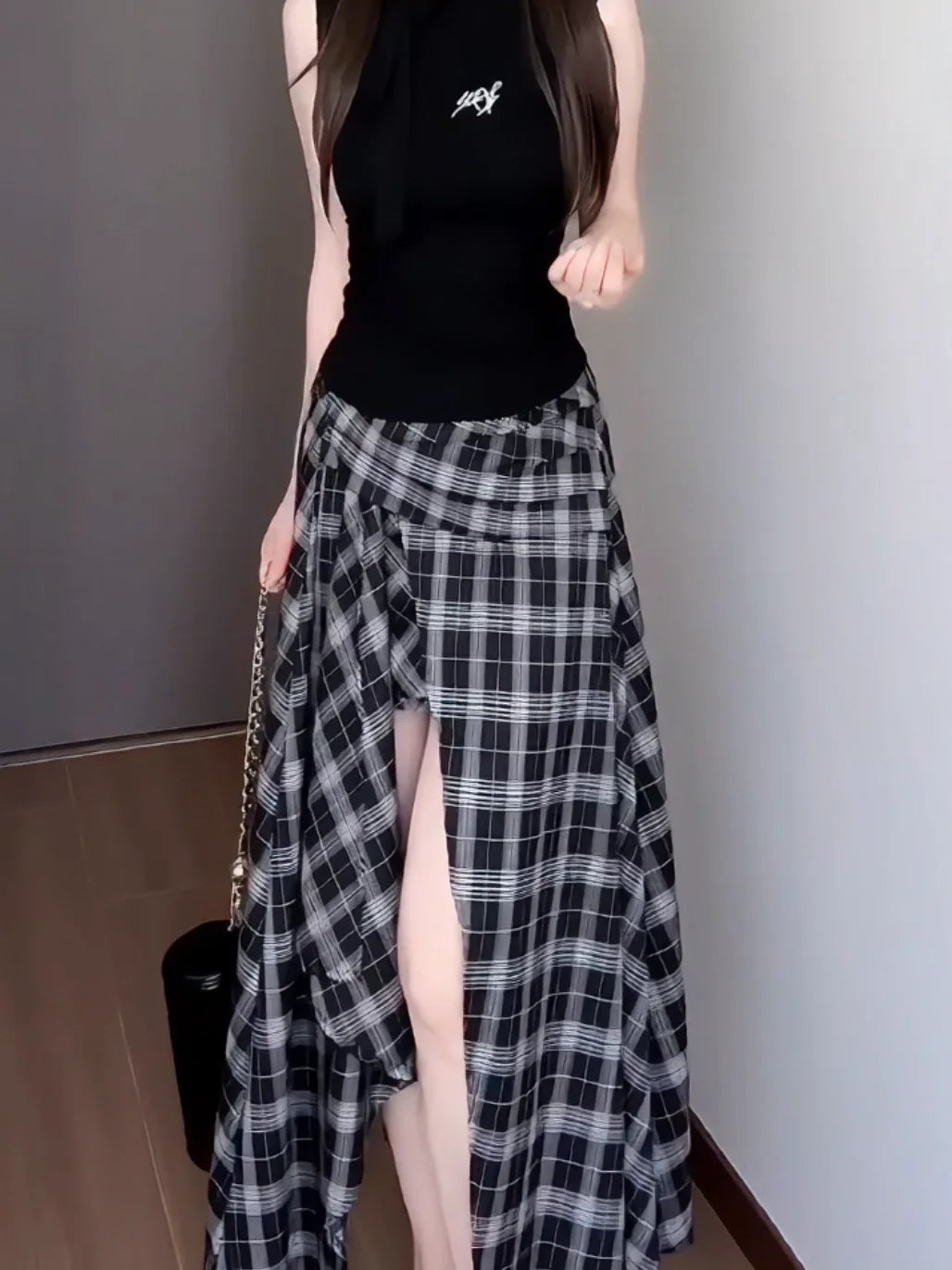 High Waist Asymmetric Plaid Skirt for Women Summer Breathable Comfortable A-Line Midi Skirt Slimming Design Split Front