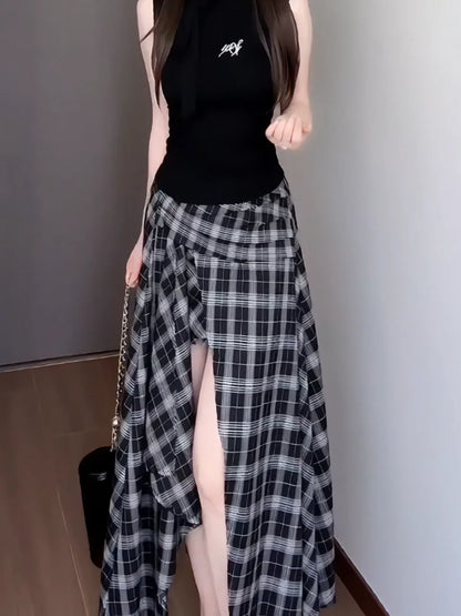 High Waist Asymmetric Plaid Skirt for Women Summer Breathable Comfortable A-Line Midi Skirt Slimming Design Split Front