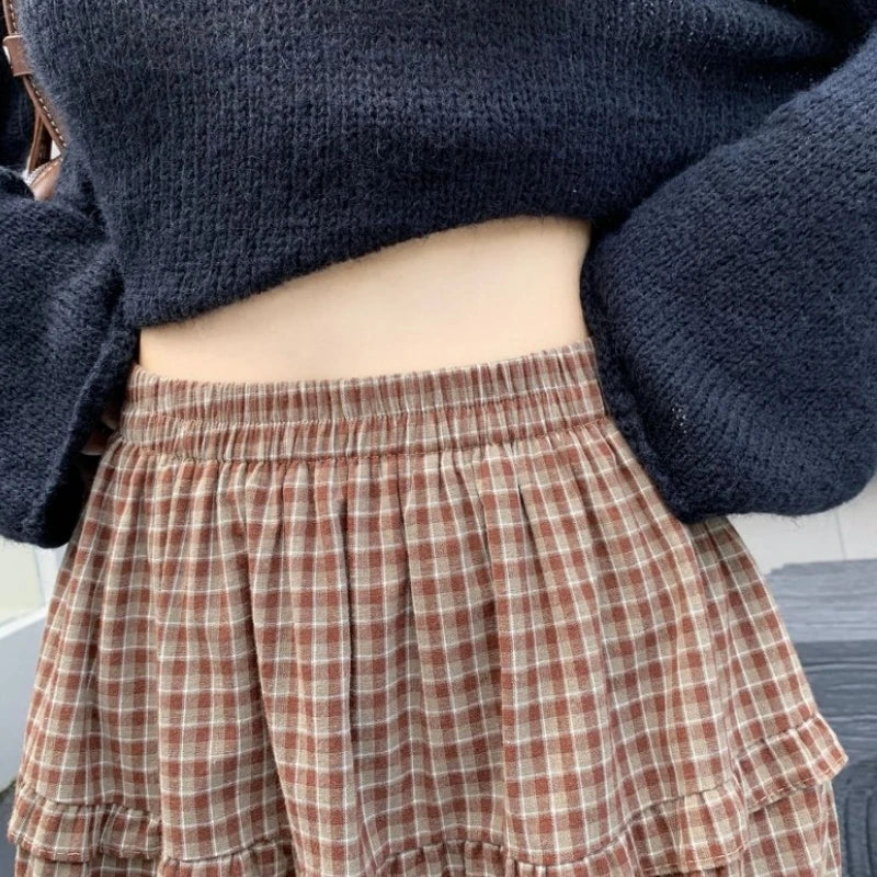 Qiukichonson 100%Cotton Plaid Skirt Women 2026 Spring Autumn Korean Casual High Waisted A-Line Ruffles Midi Long Maxi Skirts rok
