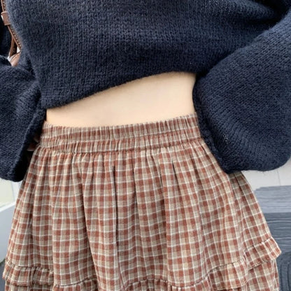 Qiukichonson 100%Cotton Plaid Skirt Women 2026 Spring Autumn Korean Casual High Waisted A-Line Ruffles Midi Long Maxi Skirts rok