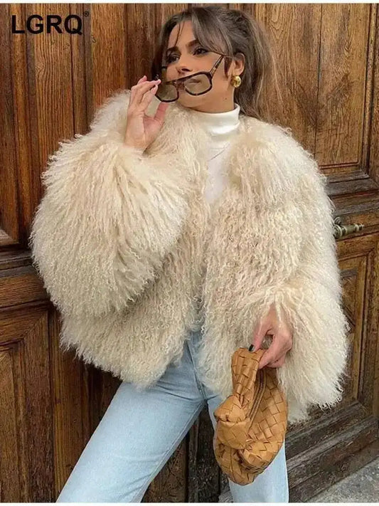 LGRQ 2026 winter fur coat,tassels round neck full sleeves jacket,warm thickness boober coats WQ10534