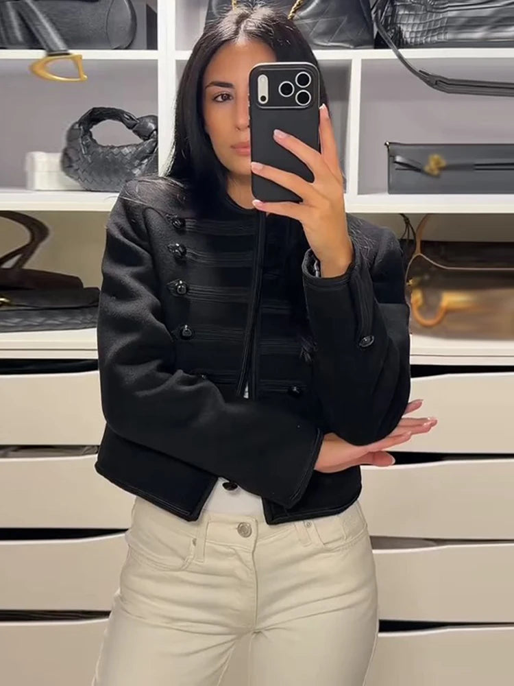 Fashion Black Court Style Cropped Jacket For Women Elegant O-neck Long Sleeve Double Breasted Coat Lady 2026 Spring Chic Outwear