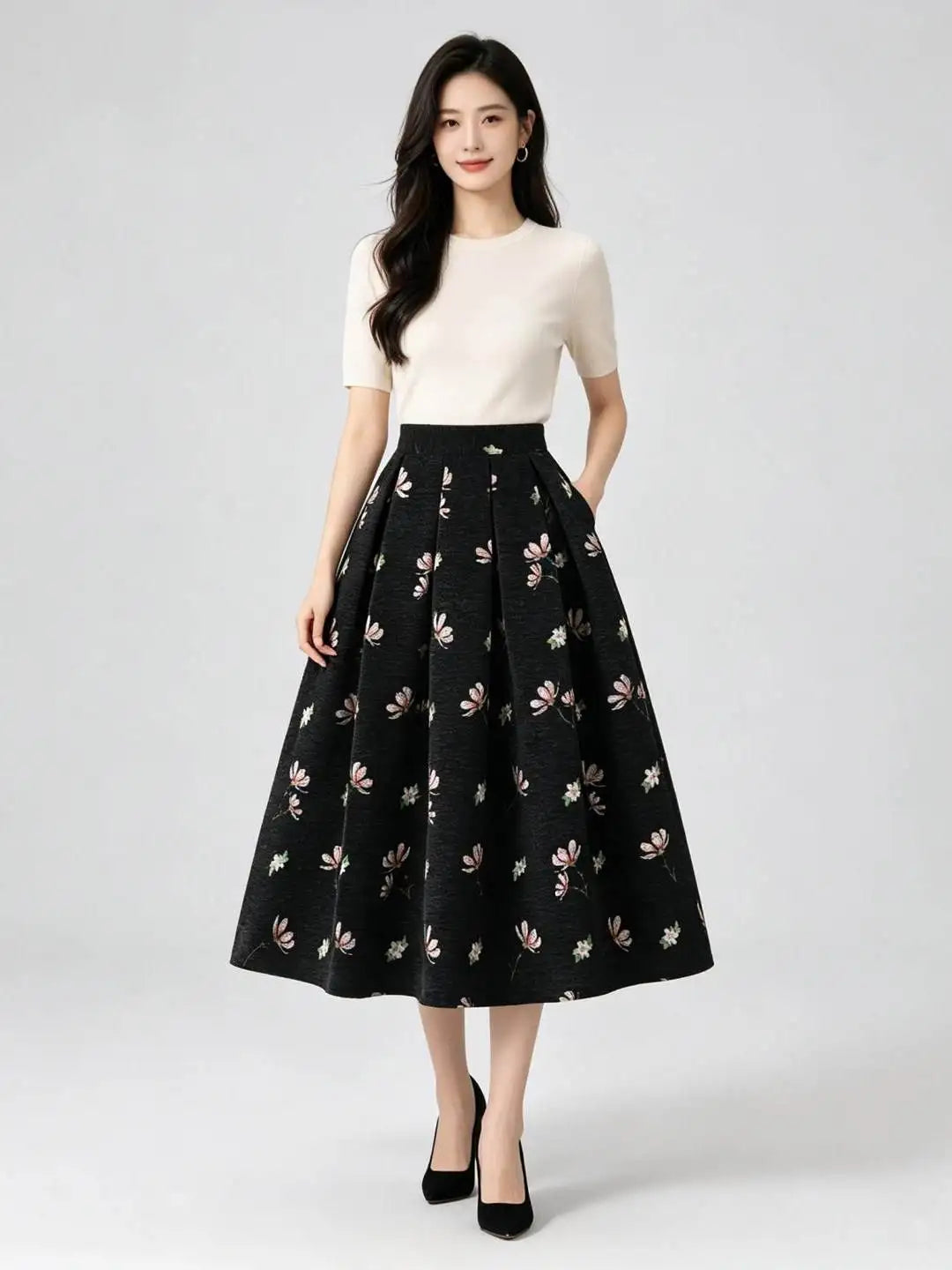 High Quality Autumn Winter Chenille Embroidery Mid-long Puffy Skirt Elegant Vintage Elastic Waist Casual A-line Umbrella Skirts