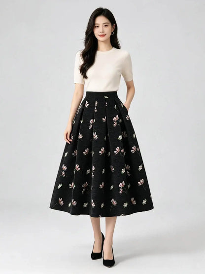 High Quality Autumn Winter Chenille Embroidery Mid-long Puffy Skirt Elegant Vintage Elastic Waist Casual A-line Umbrella Skirts