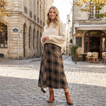 FANAN Women Fashion Plaid Pleated Side Zipper Midi Skirt Vintage High Waist Female Chic Lady Skirts