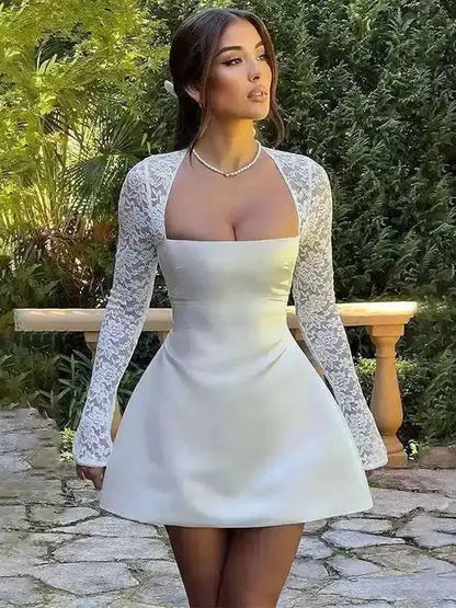 Dresses Lace Patchwork Waist Wrap A-line Dress Women Mini Autumn Winter Dress Backless Nightclub Sexy Party Dresses
