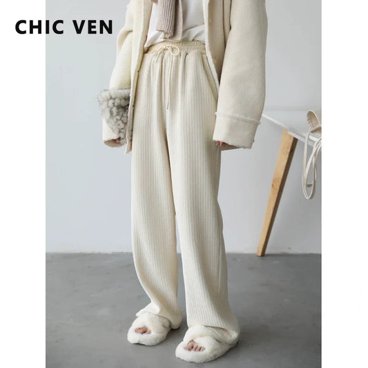 CHIC VEN Women Pants Solid Loose Thick Warm Elastic Waist Wide Leg Trousers Female Ladies Sports Autumn Winter 2024