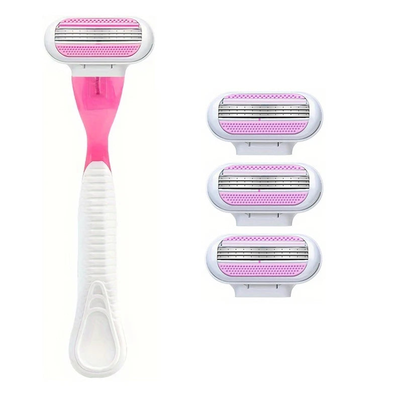 Women Razor 1 Handle 3 Cartridges Stainless Steel Blade Rubber Handle Reusable Body Hair Remove Razor Blade