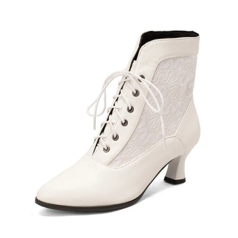 Women Victorian Ankle Boots Leather Lace Heel Shoes for women Fashion Lace Up Spliced Ladies High Heels Woman Boots Ankle 46
