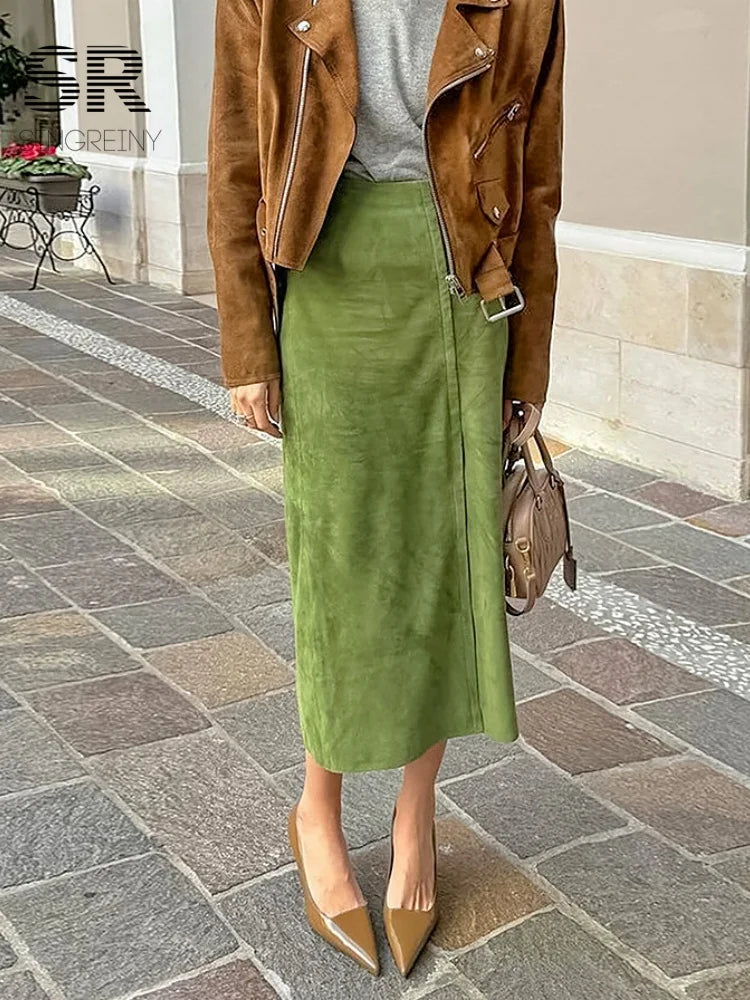 SINGREINY Avocado Green Suede Long Skirt Women Newest 2026 Autumn Minimalist Y2K Vintage Solid Warm Split Midi Skirts