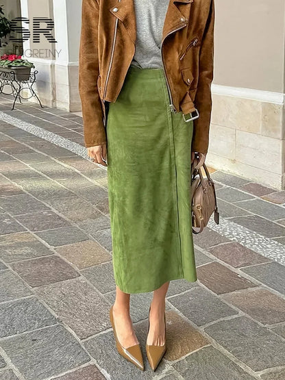 SINGREINY Avocado Green Suede Long Skirt Women Newest 2026 Autumn Minimalist Y2K Vintage Solid Warm Split Midi Skirts