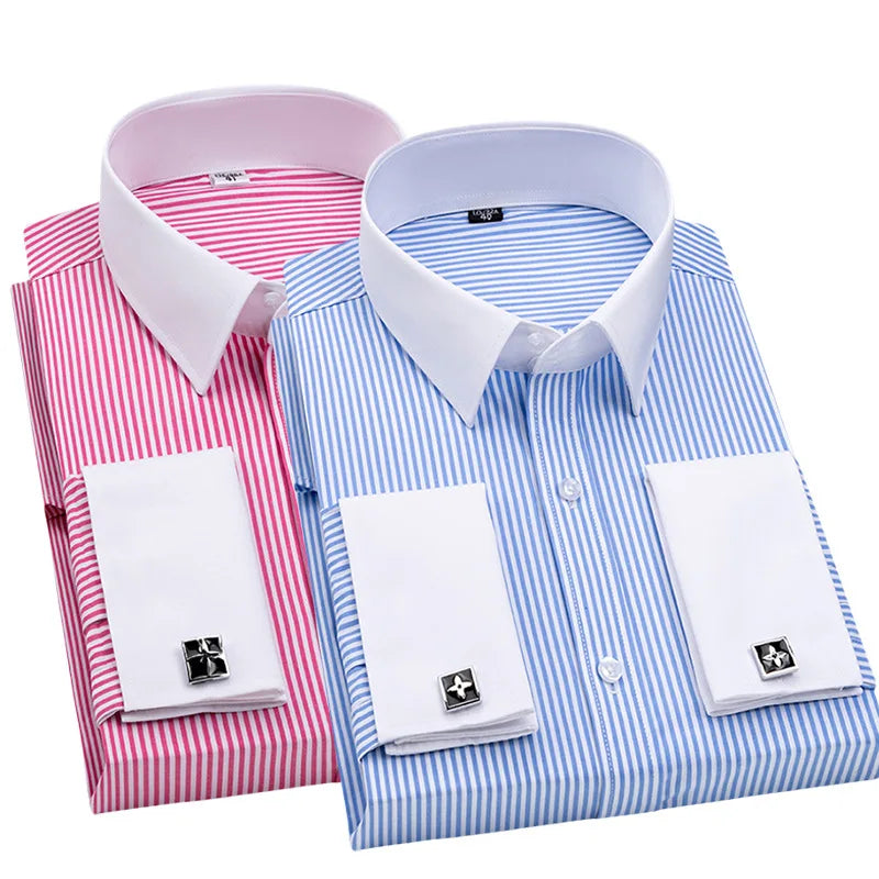 2026 Men's French Cufflink Shirt Slim-fit Colored Collar Business Dress Men's Long Sleeve Striped Shirt Collar