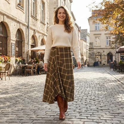 FANAN Women Fashion Plaid Pleated Side Zipper Midi Skirt Vintage High Waist Female Chic Lady Skirts