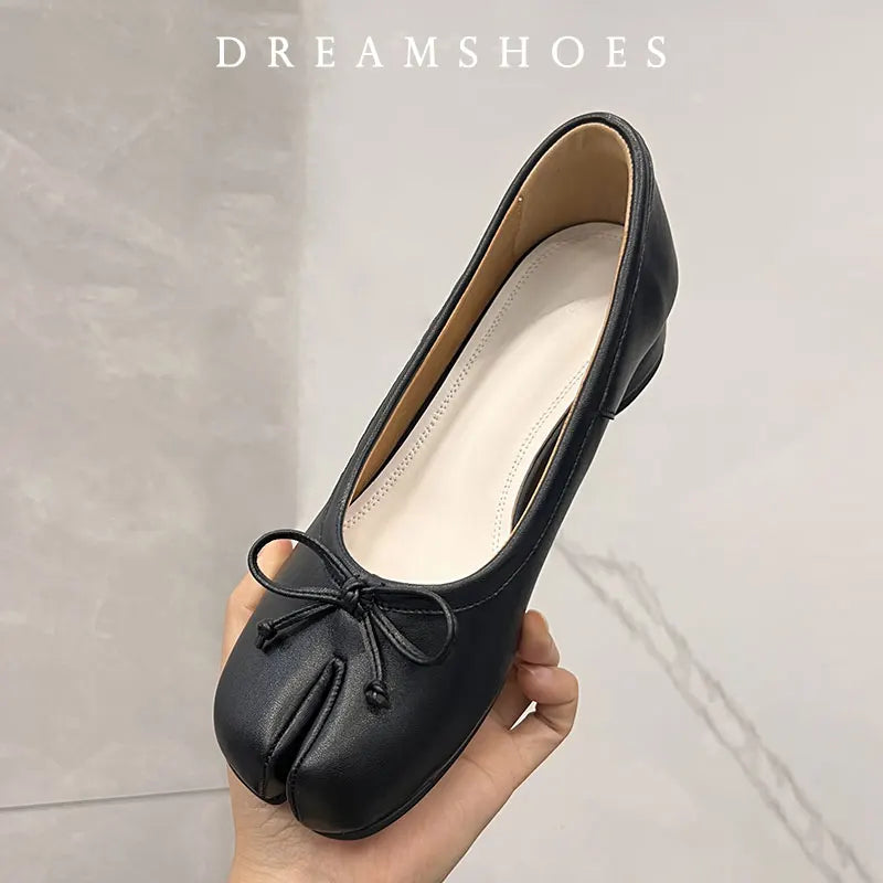 Spring Women Flat Split Toe Shoes with Bow Soft Leather Bow Tie Front Shallow Slip On  Girls Tabi Shoes Flats Ballet Shoes