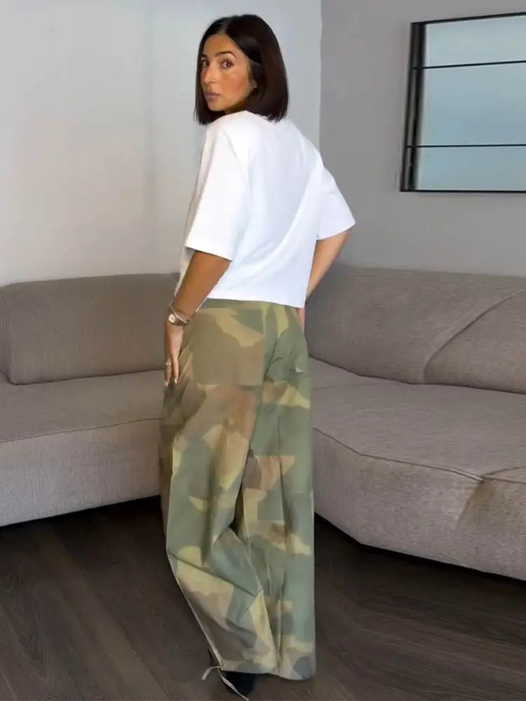 Camo Print Drawstring Waist Women Pants Wide Leg Loose Cut Drawstring Hem Relaxed Fit Casual Trouser Streetwear 2026 New Fashion
