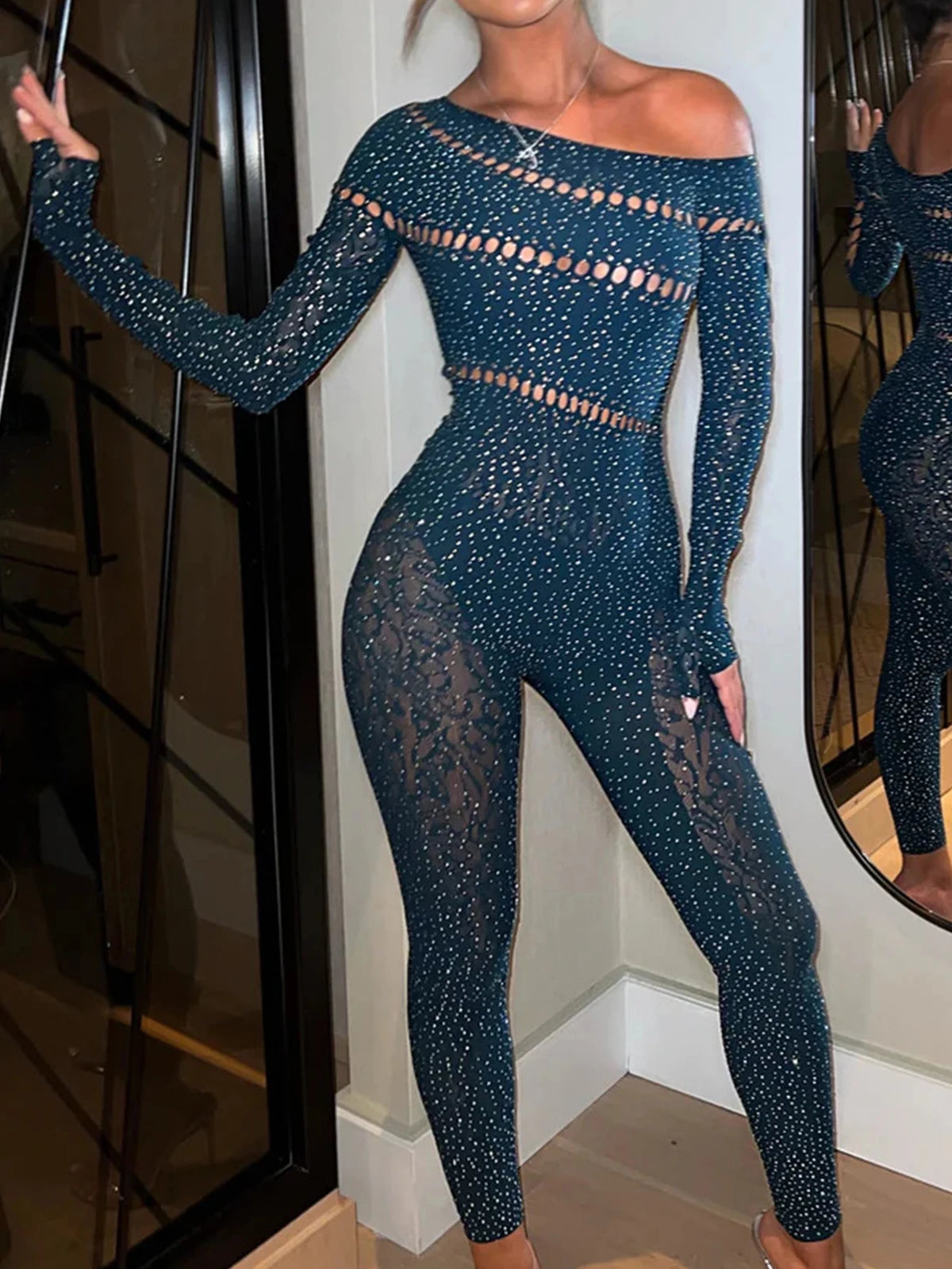 Sexy Long Sleeve Rhinestone Bodycon Jumpsuit Women Body Bodysuit Birthday Party Club Hollow Out Outfits Womens Jumpsuits Overall