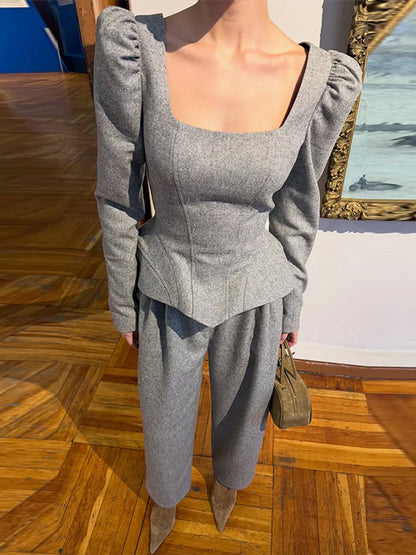 Casual Solid Woolen Top Pants Set Women Puff Full Sleeve Closed Waist Blouse Straight Trousers Sets 2026 Autumn Winter Lady Suit