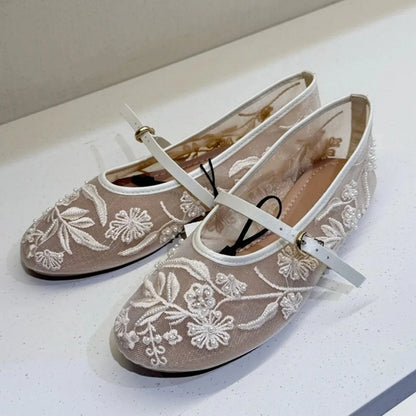Embroidery Flowers Pearl Mesh Round Tor Ballet Flats Woman Loafers Buckle Strap Ladies Mary Jane Mules Shoes Zapatos De Mujer