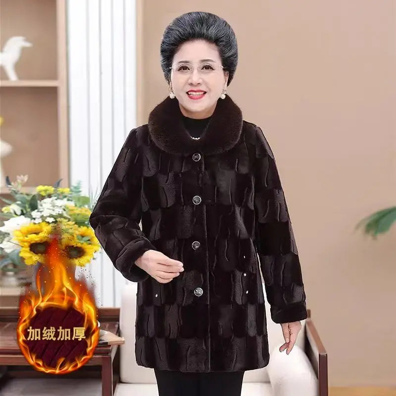 Grandma's Winter Jacket New Imitation Mink Fur Coat Mid Length Elderly Mother Add Velvet Thicken Warm Parkas Women Overcoat 6XL