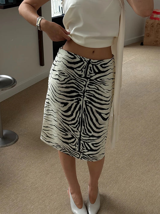 HH Vintage Zebra Print Midi Skirt Women's 2026 Autumn Low Waist Y2K A-Line Skirt Elegant Sexy Hot Girl Elegant Casual Skirt