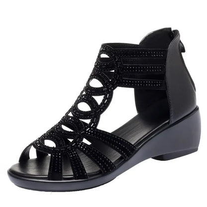 Women Sandals Wedges 2025 New Summer Comfortable Hollow Roman Sandals Elegant Low Heel Shoes for Women Fashion Zapatos De Mujer