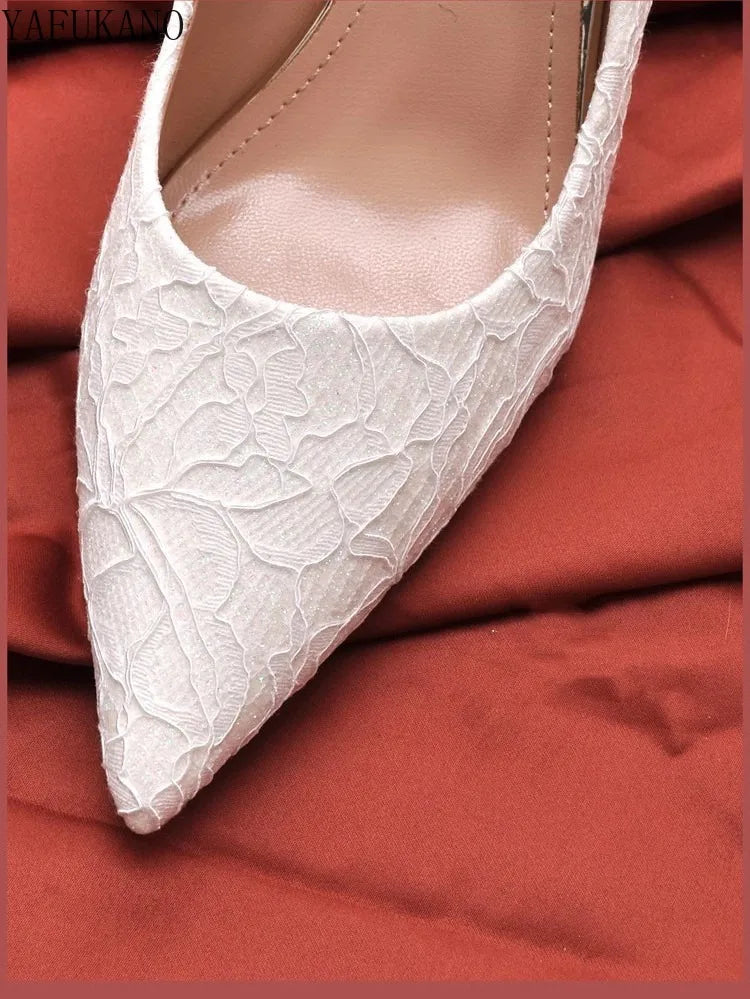 Elegant White Lace Wedding Dress High Heels Women's Stiletto Heels Bridesmaids Banquet Pumps Small Size Girl High Heels 31 32 33