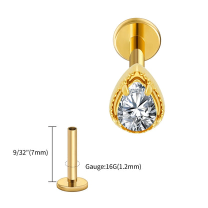 Right Grand ASTM F136 Titanium Teardrop CZ Cartilage Earring Threaded Labret Stud 16G Tiny Pear CZ Helix Conch Earlobe Piercing