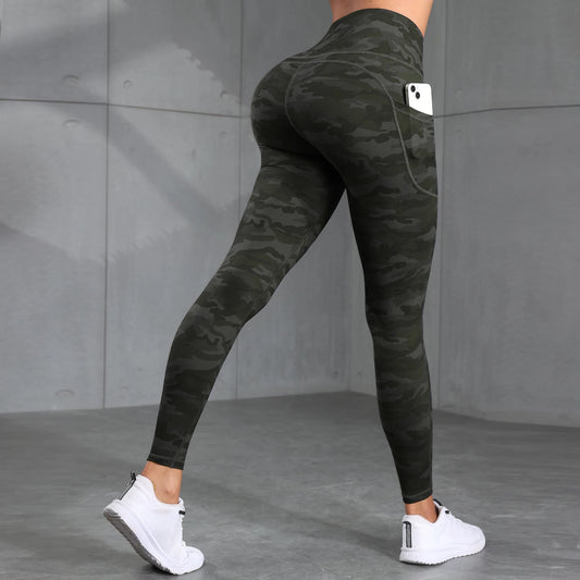 Camouflage Pockets High Waist Women Gym Leggings Casual Elastic Outdoors Pants High Street Style Workout Running Pants