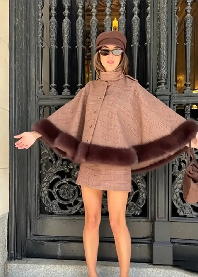 Elegant Plaid Cape Skirt 2 Piece Set Women Chic High Waist Single Breasted Faux Fur Hem Shawl Coat Suit Fall Winter Party Outfit