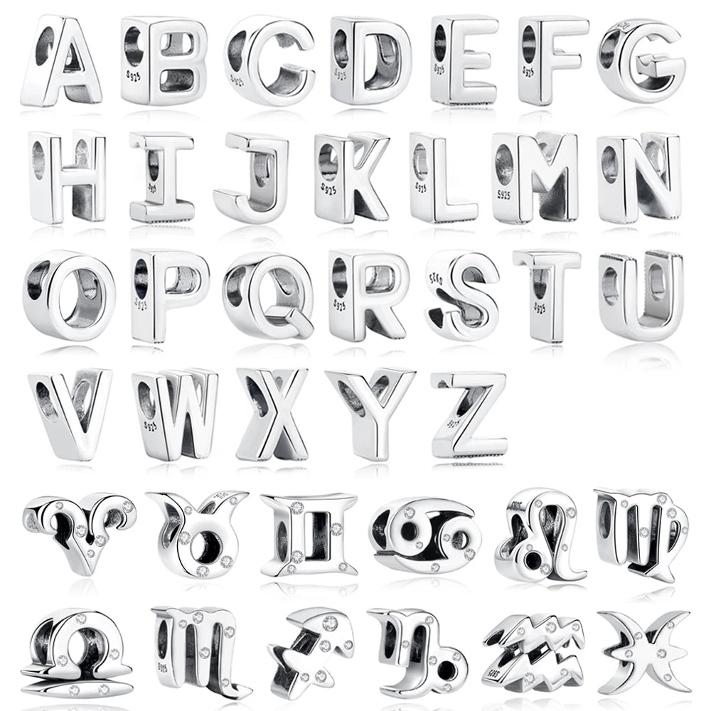 Original 925 Sterling Silver Charms Beads 12 Zodiac A-Z Letters Virgo Aries Fit Brand Bracelets Necklaces Jewelry For Women