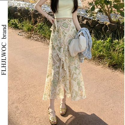 2025 Chic Korea Clothes Summer Women Cute Sweet GIrl Floral Robe Holiday Date High Waist Retro Vintage One-Piece Lace-Up Skirts