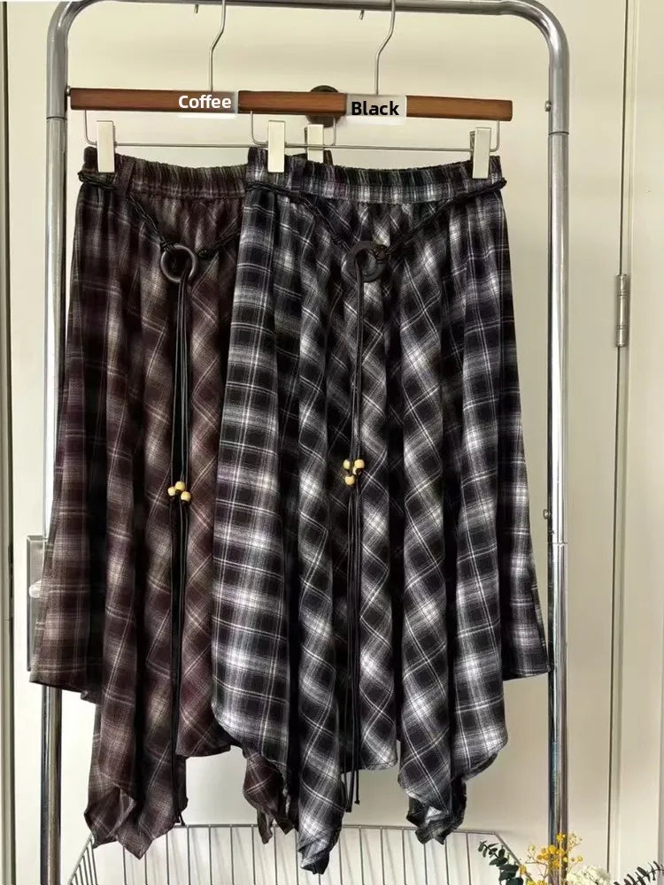 Fashionable Retro Plaid Asymmetrical High Waist Midi Skirt Women's Autumn Winter New Belted Full A-Line Skirt Long Skirt