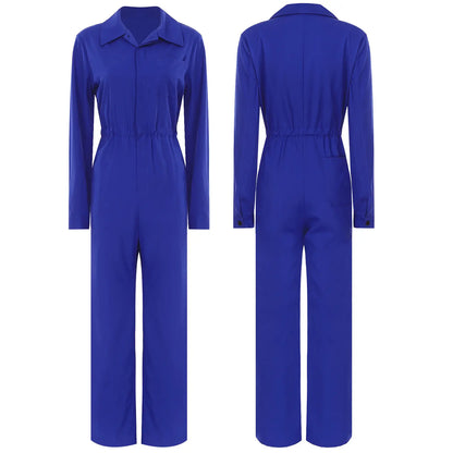 Womens Work Jumpsuit Fashion Button Coverall Casual Turn Down Collar Long Sleeve Romper Overall for Office Business Travel
