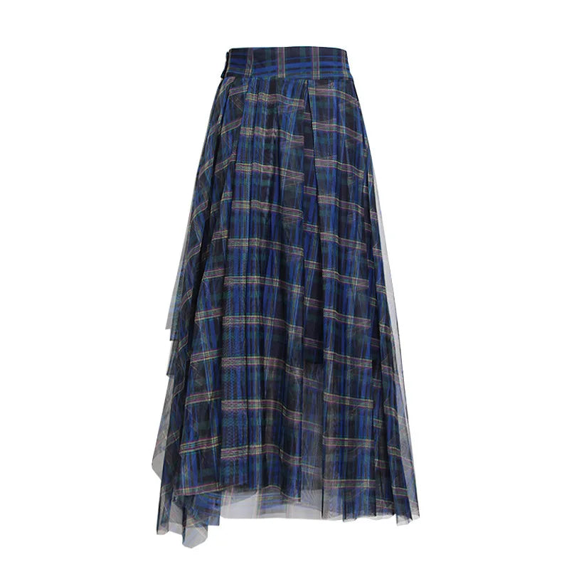Women's High Waist Plaid Tulle Spliced Skirt Irregular Hem Design Sense Elegant Female Mid‑Length Skirts Office Party Faldas