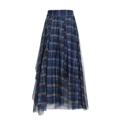Women's High Waist Plaid Tulle Spliced Skirt Irregular Hem Design Sense Elegant Female Mid‑Length Skirts Office Party Faldas