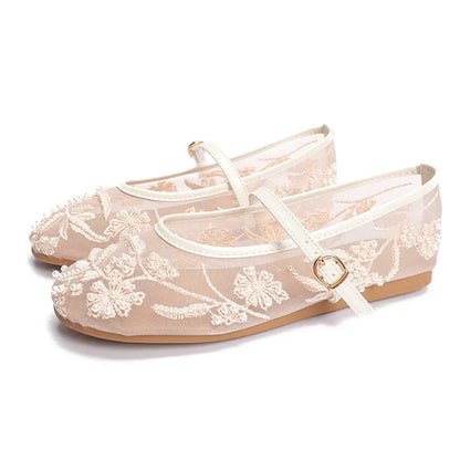 Embroidery String Bead Mesh Ballet Flats Women Fashion White Pearl Mary Jane Shoes Light Summer Flats Elegant Cozy Flat Sandals