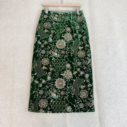 Designer Fashion Winter Women Casual Long Beading Embroidery Sequined Skirt High Waist Vintage Elegant Lady Floor Length Skirts